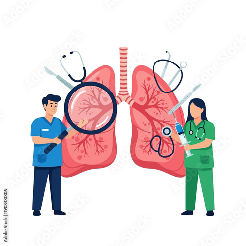 Medical Team Examining Lungs with Magnifying Glass and Syringe, Respiratory Health Concept