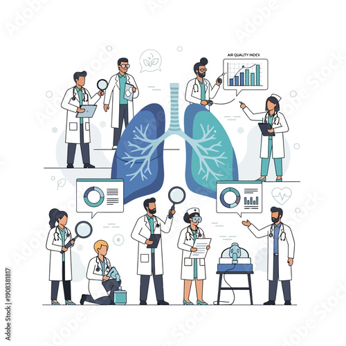Medical Team Studying Lungs with Data Analysis and Research