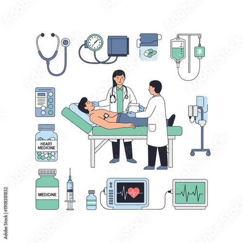 Medical Examination: Doctors with Patient, Diagnostic Equipment, and Medicine