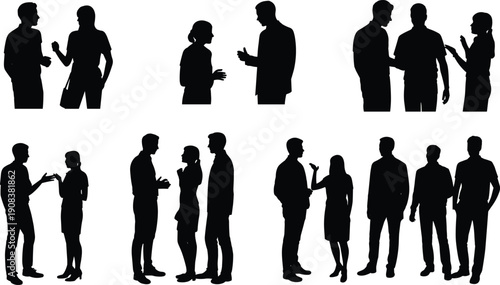 Flat vector silhouettes of diverse people pairs communicating, gesturing, interacting in conversation, teamwork, social connection, collaboration, communication concept illustration