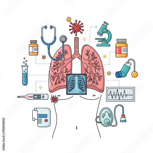 Medical illustration of lungs and respiratory system with medical equipment and virus