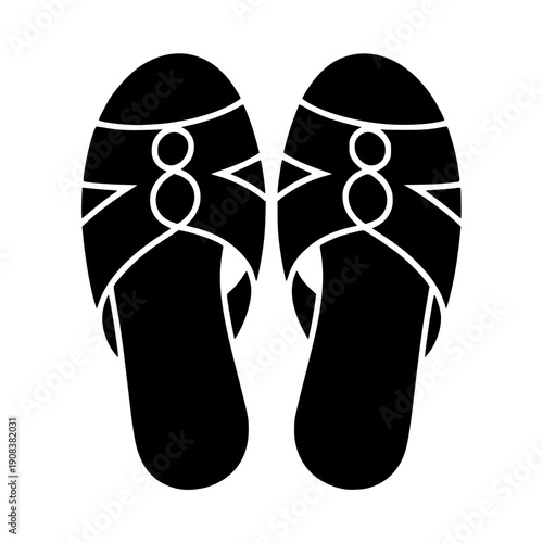 Black flip flops or sandals with white geometric pattern, vector illustration, icon for website or app, isolated PNG with Transparent Background