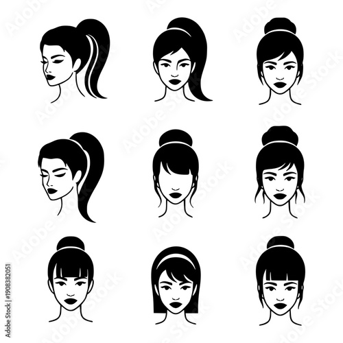 Vector illustration of woman face icons, various hairstyles and expressions, black and white, for graphic design or website isolated PNG with Transparent Background