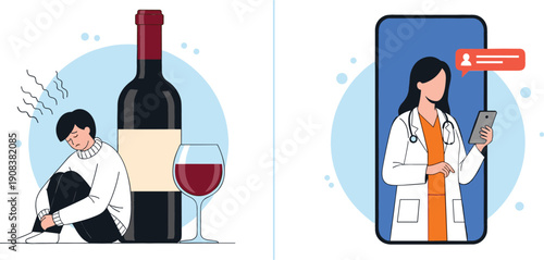Sad man suffering from alcohol addiction next to wine bottle and online female doctor consultation on smartphone screen