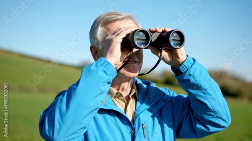 Senior man looking through binoculars outdoors on a sunny day. Active elderly male birdwatching in nature. Retirement lifestyle concept