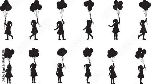 A delightful collection of silhouetted young girls clutching balloons, embodying the pure essence of childhood joy and the spirit of celebration at a festive occasion