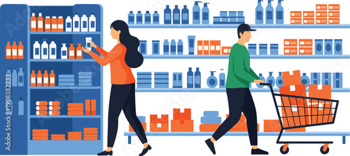 Flat vector illustration of customers shopping in a supermarket aisle with organized shelves and a full shopping cart