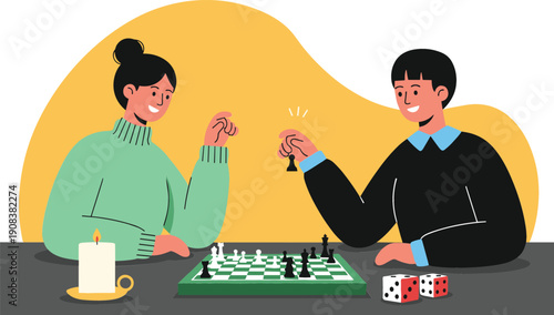 Flat vector illustration featuring a couple playing chess with dice and a candle in a cozy indoor setting