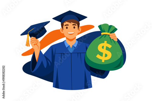 Graduate holding money bag and graduation cap celebrating success.