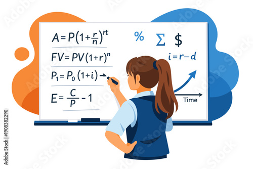 Student writing financial formulas on a whiteboard.