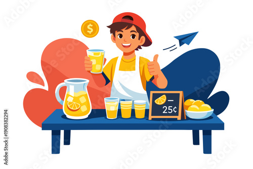 Young boy selling fresh lemonade on a sunny day.