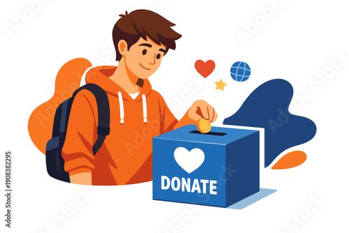Young man putting coin into donate box with heart symbol.