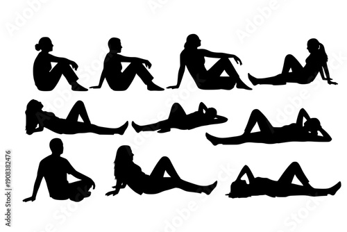 People silhouette relaxing poses sitting lying down set editable vector
