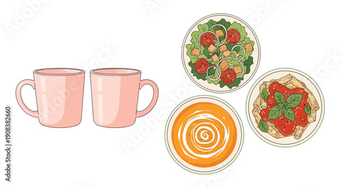 Table setting with cups and plates of salad and soup from a top view