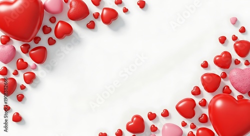 Valentine's day heart shapes in red and pink on white background for love and romance concepts