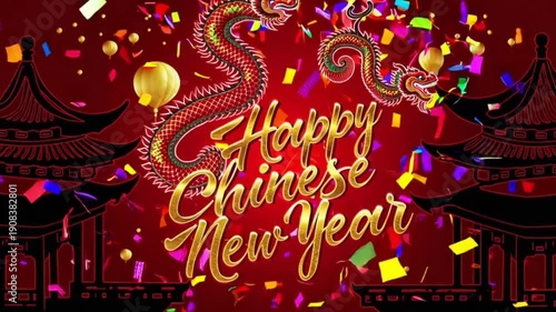 Animation of happy chinese new year text, with dragon and temples and yellow balloons and confetti
