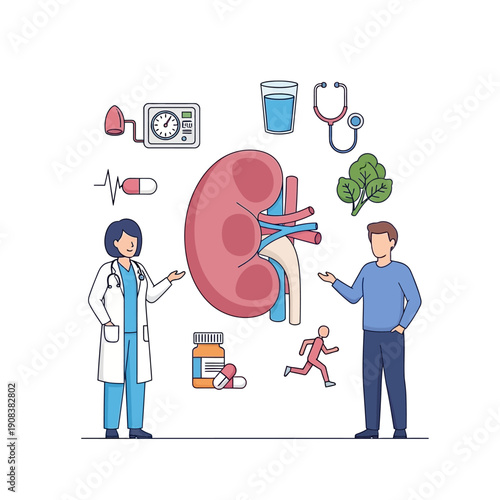 Doctor and patient discuss kidney health with medical icons: health check, diet, exercise, medicine