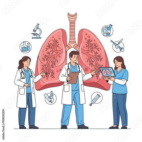 Medical Team Studying Lungs: Doctors Analyze Respiratory System with Medical Equipment