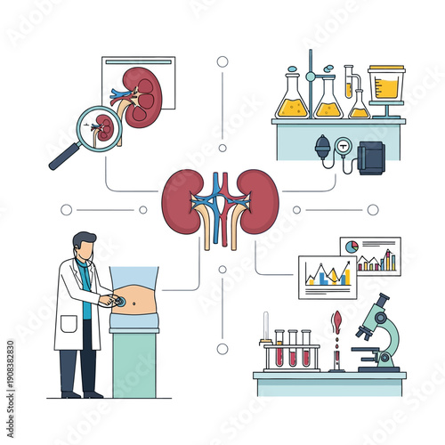 Medical research and diagnosis of kidneys, doctor examining patient, laboratory tests