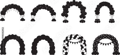 Vector illustrations depicting various festive balloon arches suitable for event decoration and celebration designs, offering diverse shapes and arrangements for grand occasions