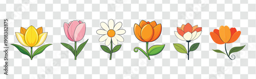 Vibrant Cartoon Flowers Vector Set. Cute Spring and Summer Floral Illustrations with Tulip, Daisy and Blossom Elements.