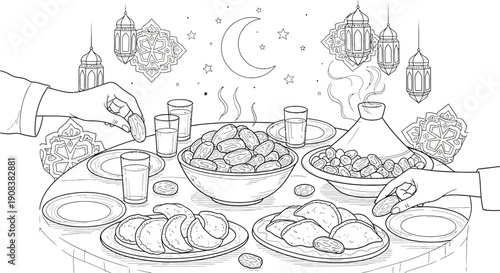 A traditional meal is being served on a table adorned with lanterns and a crescent moon