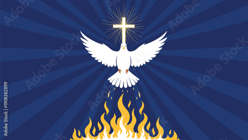 Sacred image of a white dove with a cross above its head and flames below against a dark blue background with radial light rays of divine energy.