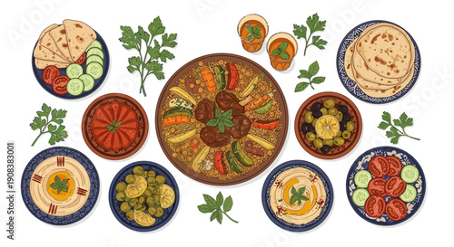 Assorted Mediterranean dishes arranged on multiple plates and bowls, showcasing various dips, vegetables, and flatbreads on a table.