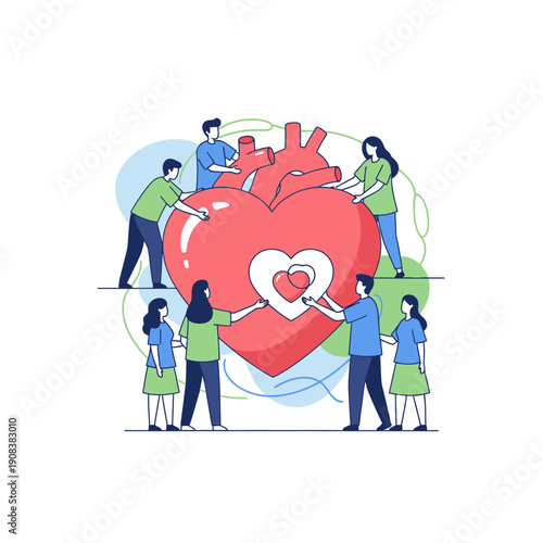 People Caring for a Giant Heart: Teamwork, Health, Love, and Charity Concept