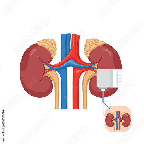 Kidney dialysis machine connected to human kidneys, medical illustration