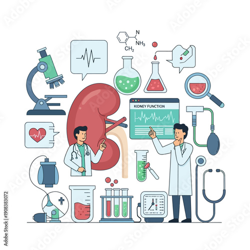 Medical Research and Kidney Function Analysis: Doctors, Lab Equipment, and Science Icons