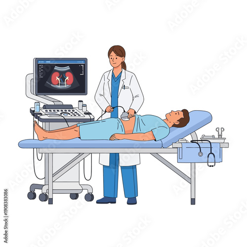 Doctor performing ultrasound on male patient's abdomen, showing kidneys on screen