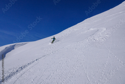 Discesa con gli sci in neve fresca. Scialpinismo