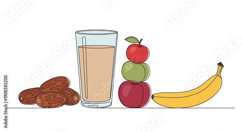 Healthy breakfast with fresh fruits, nuts, and smoothie, set against a simple background, viewed from the front