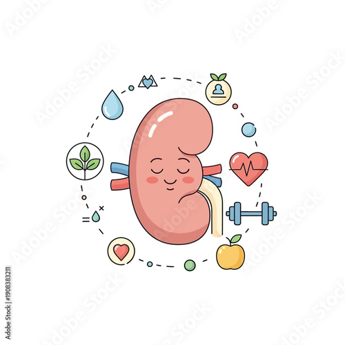 Healthy Kidney Cartoon with Icons of Health, Fitness, and Nutrition