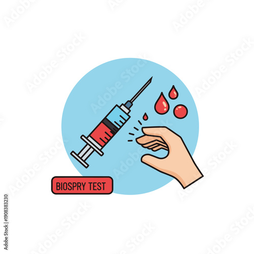 Medical blood test syringe and drops of blood on finger with biospy test label