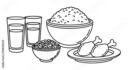 A still life illustration of food and drink on a table viewed from the front.