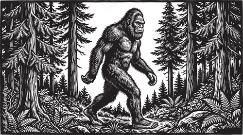 Bigfoot sasquatch walking through dense forest, detailed woodcut style wilderness scene, black white mythical creature illustration