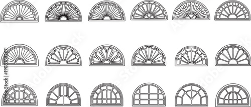 A comprehensive collection of diverse arched window illustrations, featuring intricate fanlight and transom designs for architectural elegance and building details