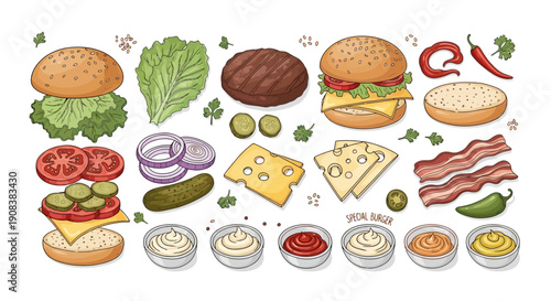 Assembling a burger with various toppings and condiments in a flat lay arrangement on a clean background from a directly overhead viewpoint