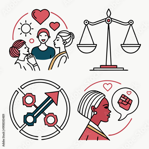 gender equality, community teamwork, diversity and collaboration Icon set, inclusion, partnership, human connection, justice, and unity for social issues, human rights, equality, gender roles, teamwor