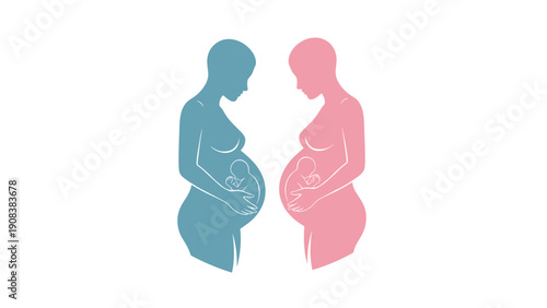 Two silhouettes of pregnant women facing each other in teal and pink colors showing the developing baby inside for pregnancy and motherhood concepts.