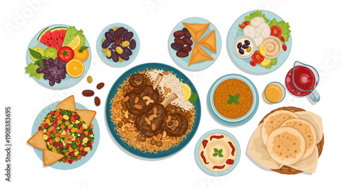 Assorted international dishes and flatbreads arranged on multiple plates and bowls from an overhead viewpoint