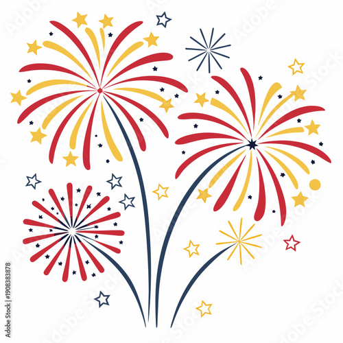 Colorful fireworks vector set, includes various firework shapes, starburst, celebration designs isolated on white