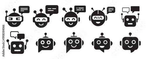 Friendly chatbot head outline icons with rounded speech bubbles. vector illustration eps 10