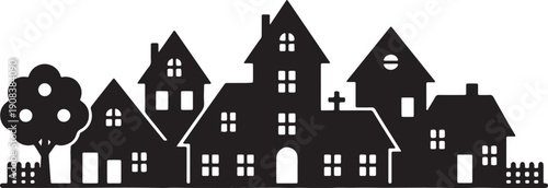 Black silhouette of a spooky village with a tree and fences also transparent background haunted houses