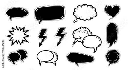 Collection of various black and white comic book speech bubbles and thought shapes