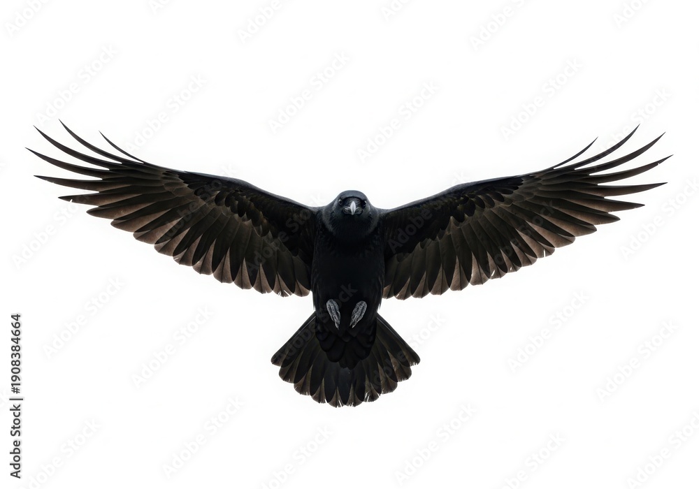 Fototapeta premium Majestic black crow captured in mid-flight with wings fully spread