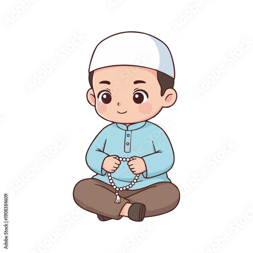 Cute cartoon Muslim boy praying with rosary beads, symbolizing devotion and spiritual observance for holy times and religious celebrations like Ramadan