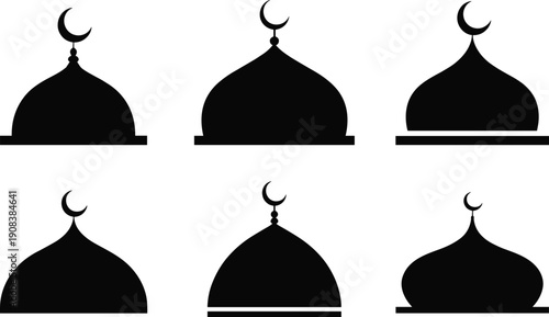 Vector, black, silhouette, illustration, set, of, various, mosque, domes, with, crescent, moon, symbols, for, Islamic, religion, Ramadan, Eid, and, architectural, design, elements